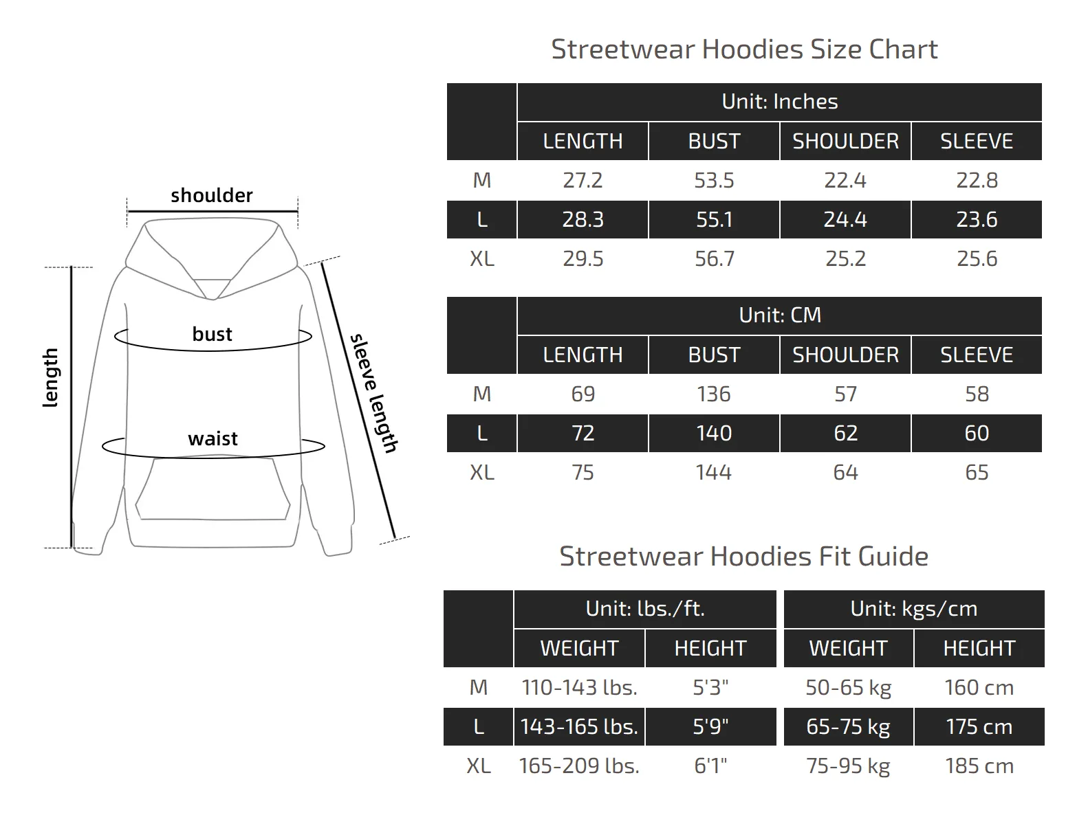 Graffiti Piece Streetwear Hoodies Size Chart