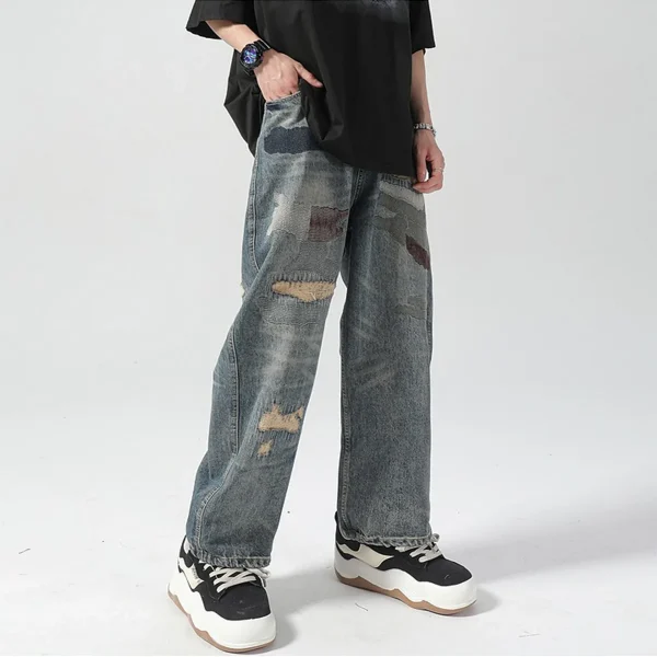 Ripped Repaired Jeans with Paint-Splatter-Style Fabric Patches 03