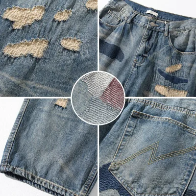 Ripped Repaired Jeans with Paint-Splatter-Style Fabric Patches 07