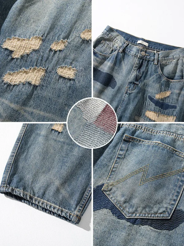 Ripped Repaired Jeans with Paint-Splatter-Style Fabric Patches 07