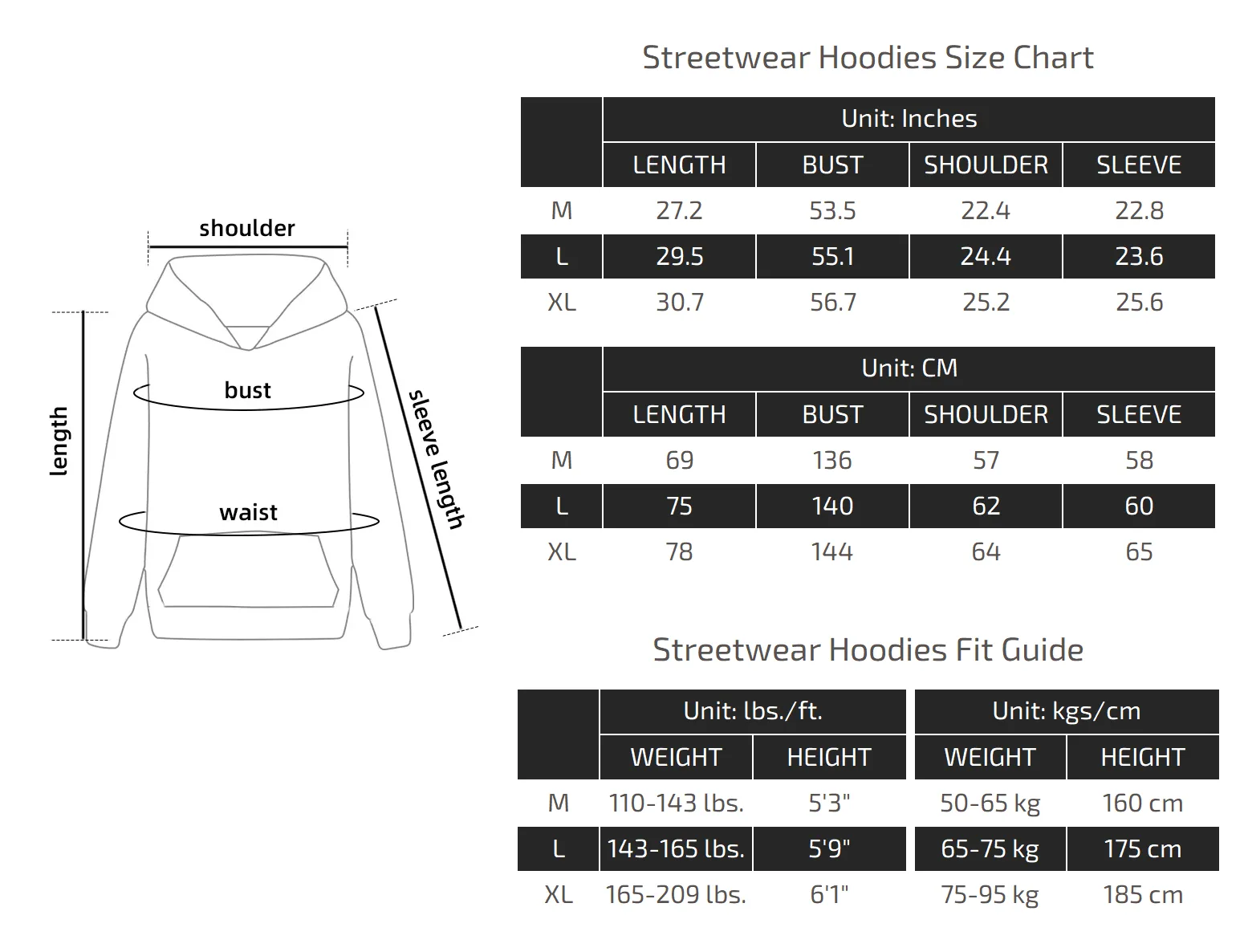 Streetwear Hoodies Size Chart 002