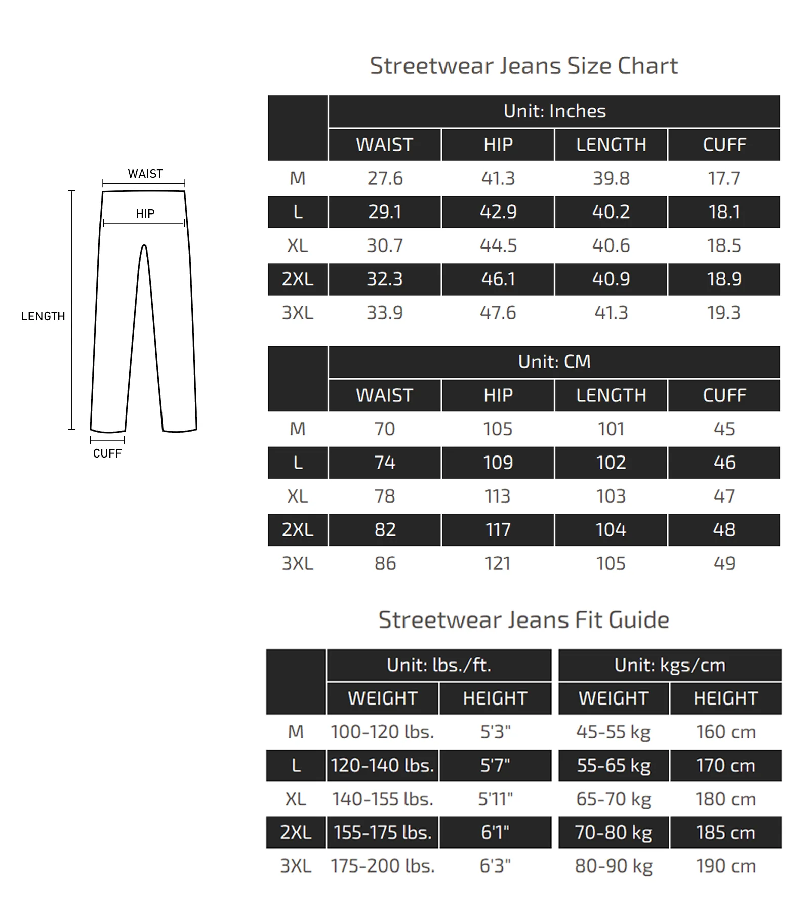 Streetwear Jeans Size Chart 010