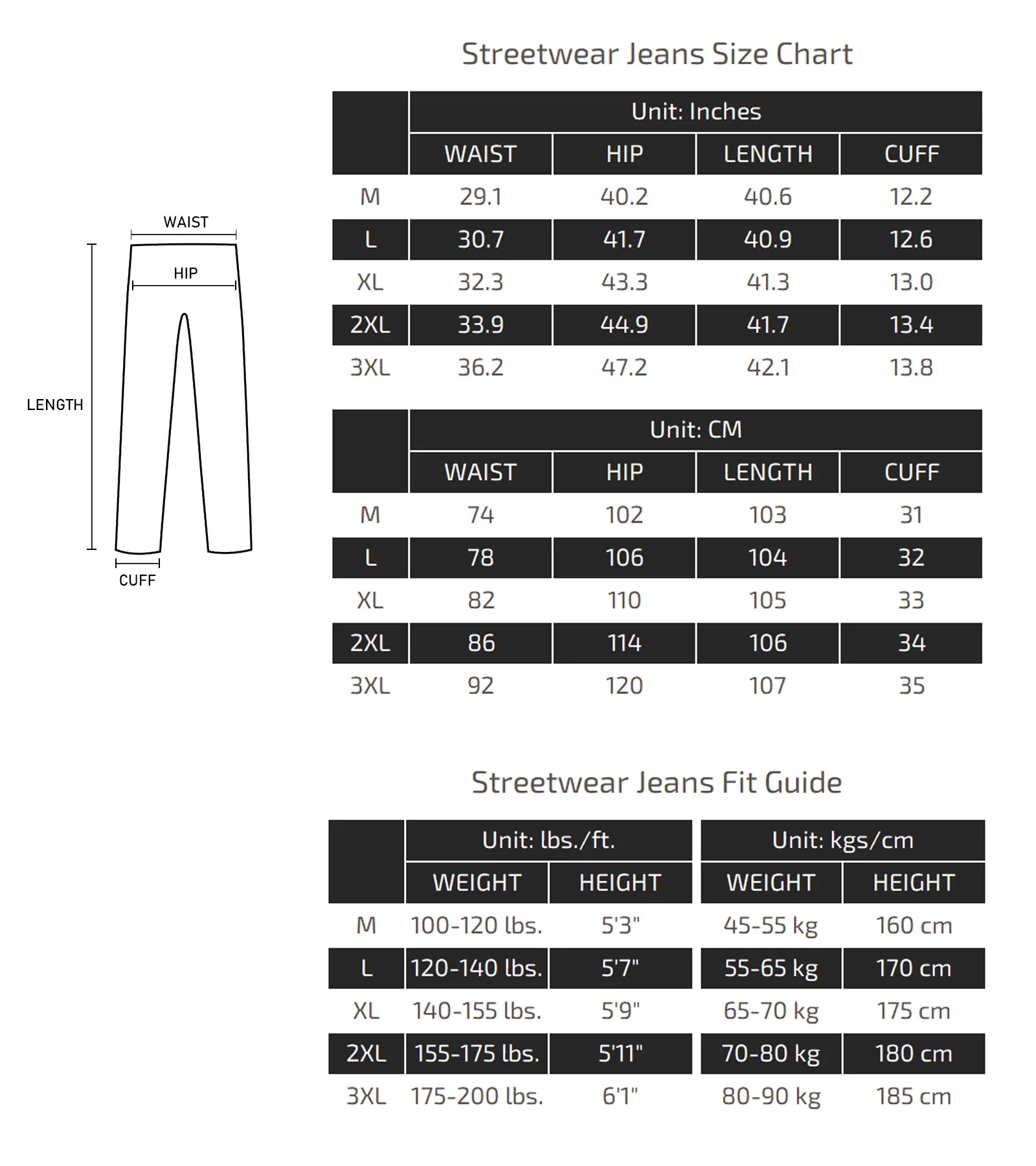 Streetwear Jeans Size Chart 011
