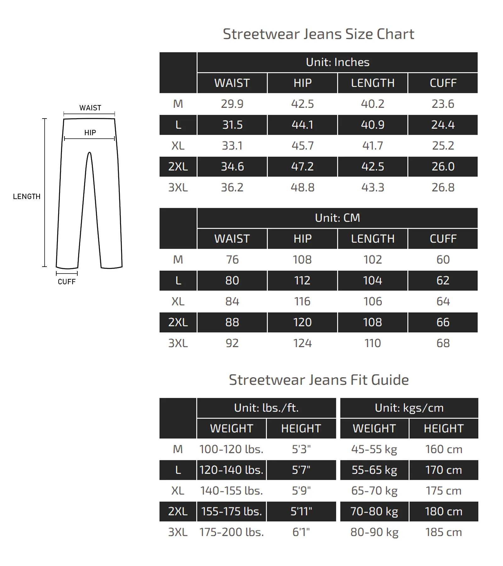 Streetwear Jeans Size Chart 013