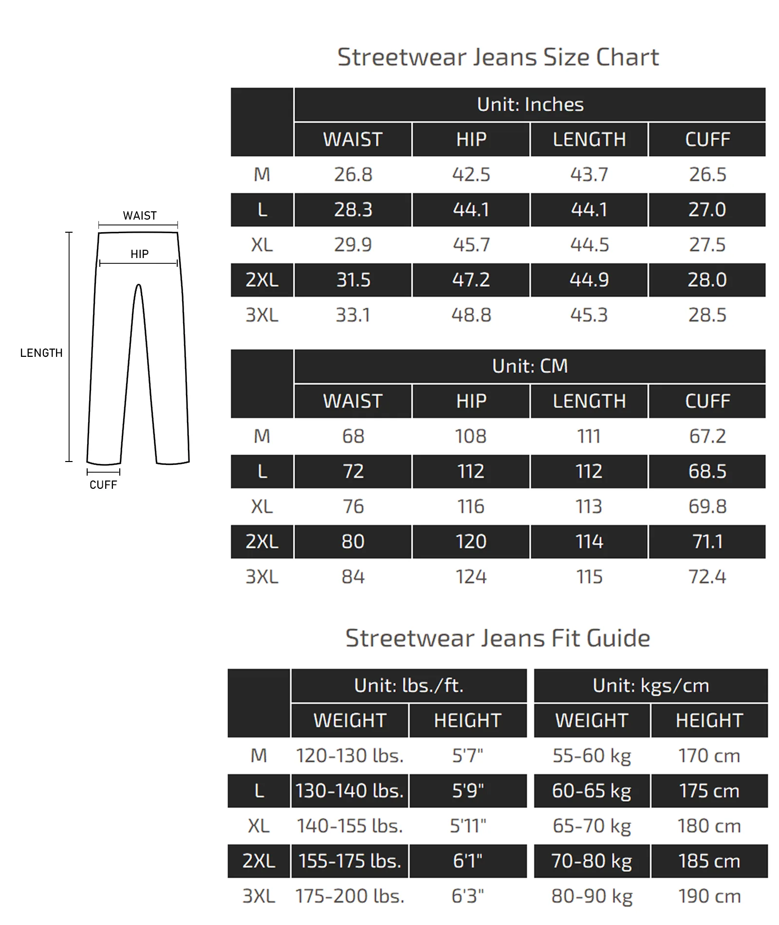 Streetwear Jeans Size Chart 015