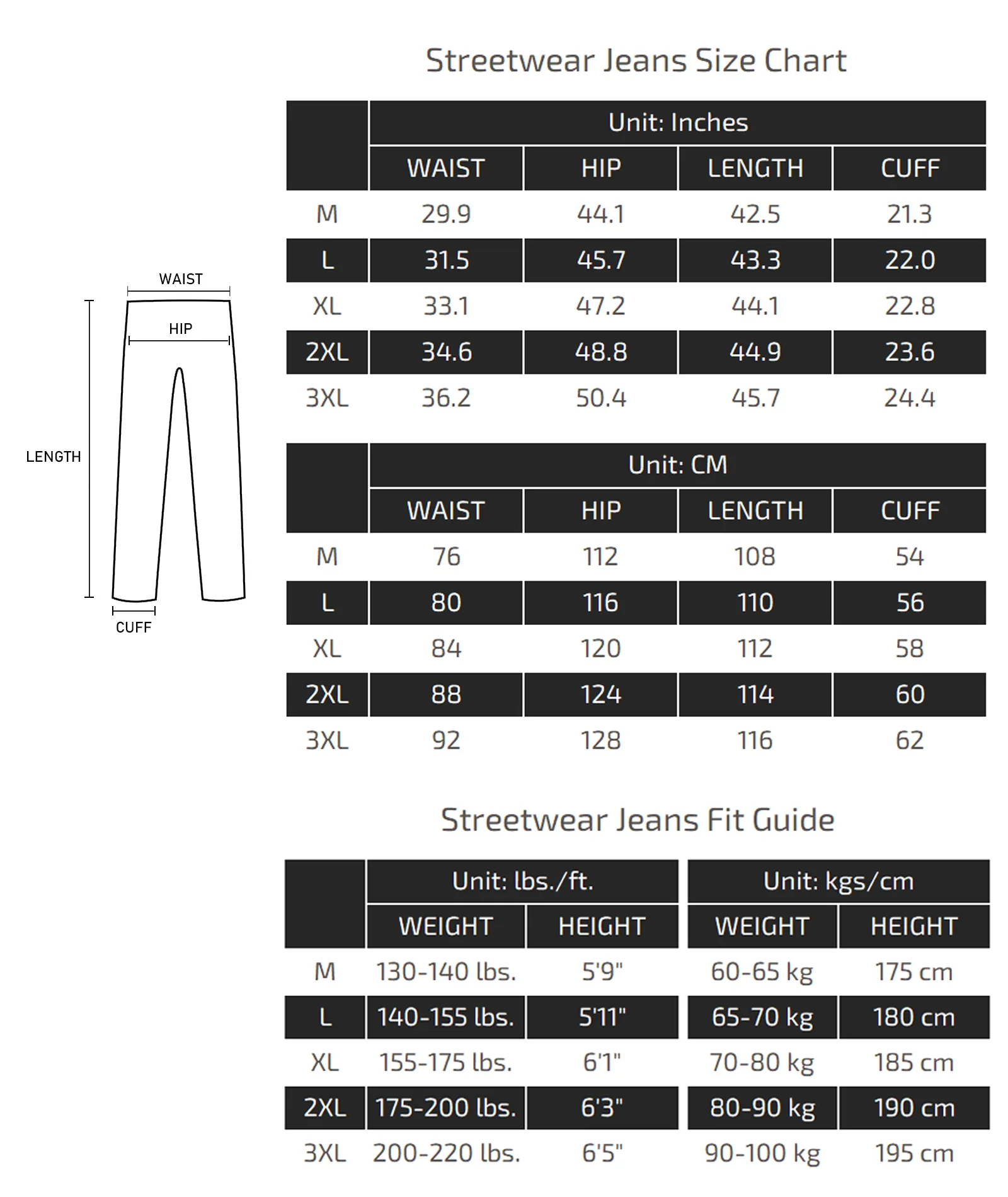 Streetwear Jeans Size Chart 017