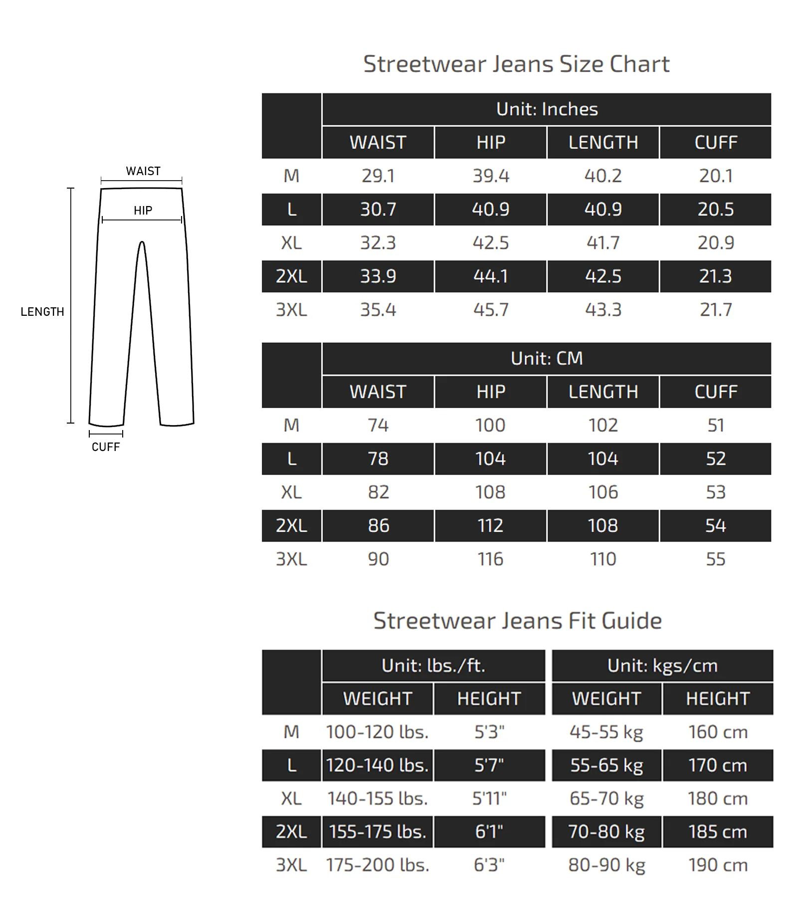 Streetwear Jeans Size Chart 02