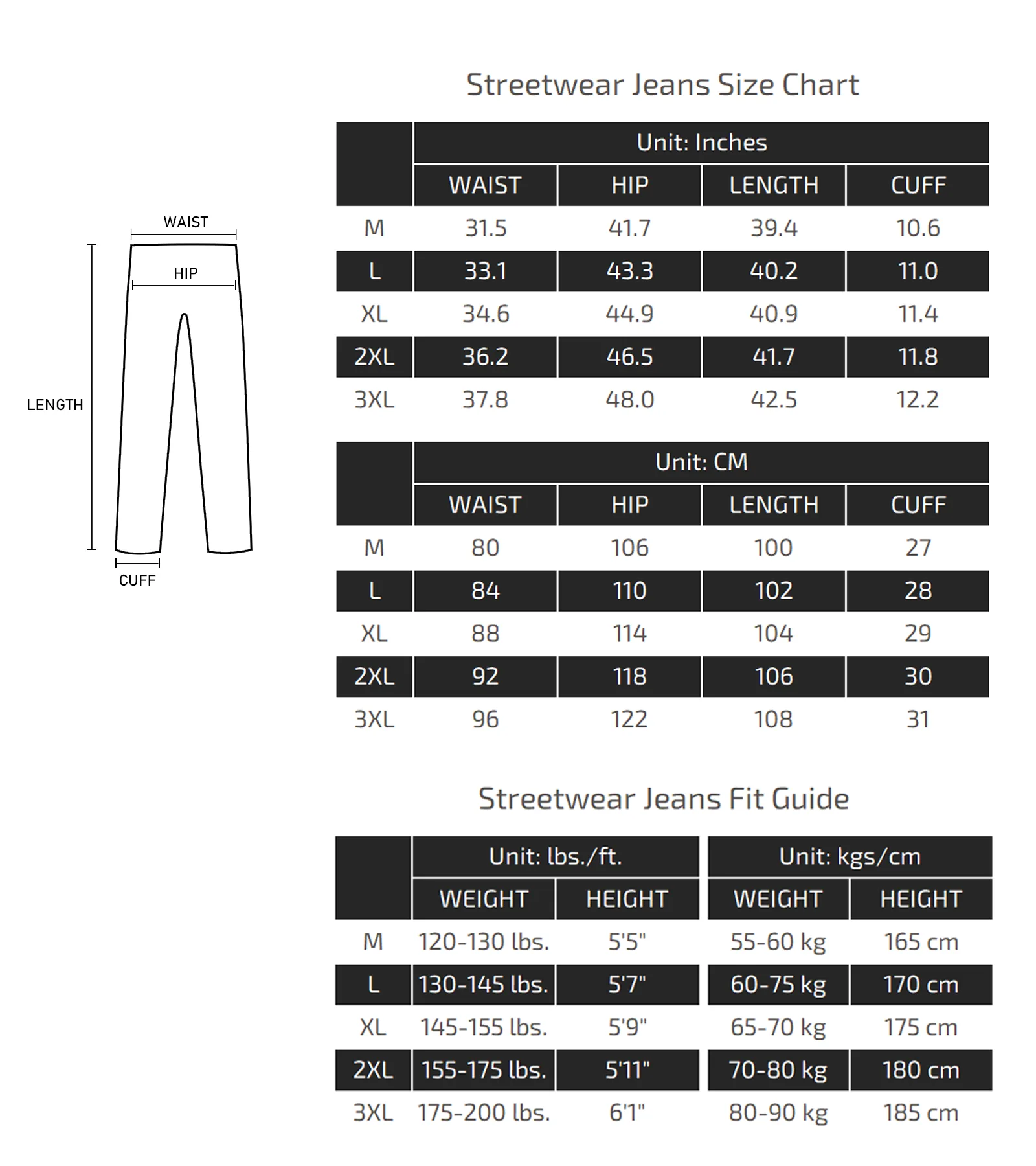 Streetwear Jeans Size Chart 07