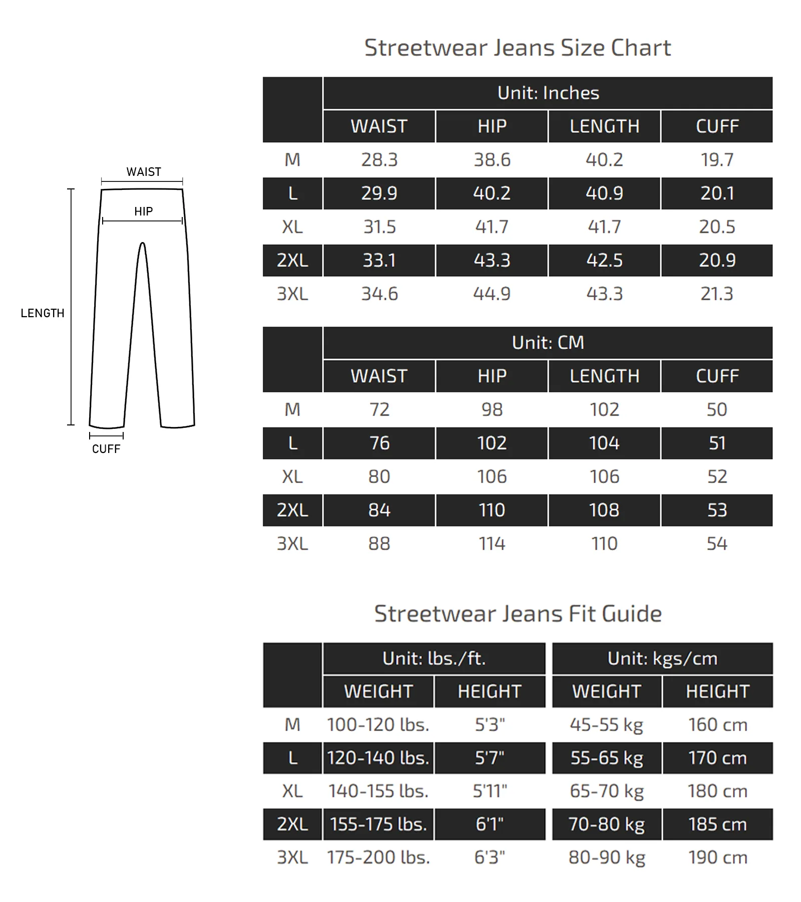 Streetwear Jeans Size Chart 08