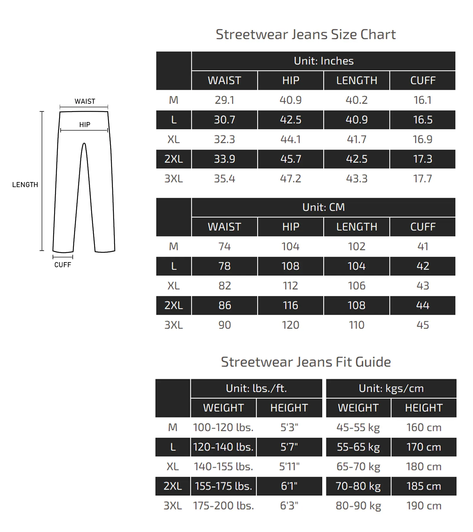 Streetwear Jeans Size Chart 09