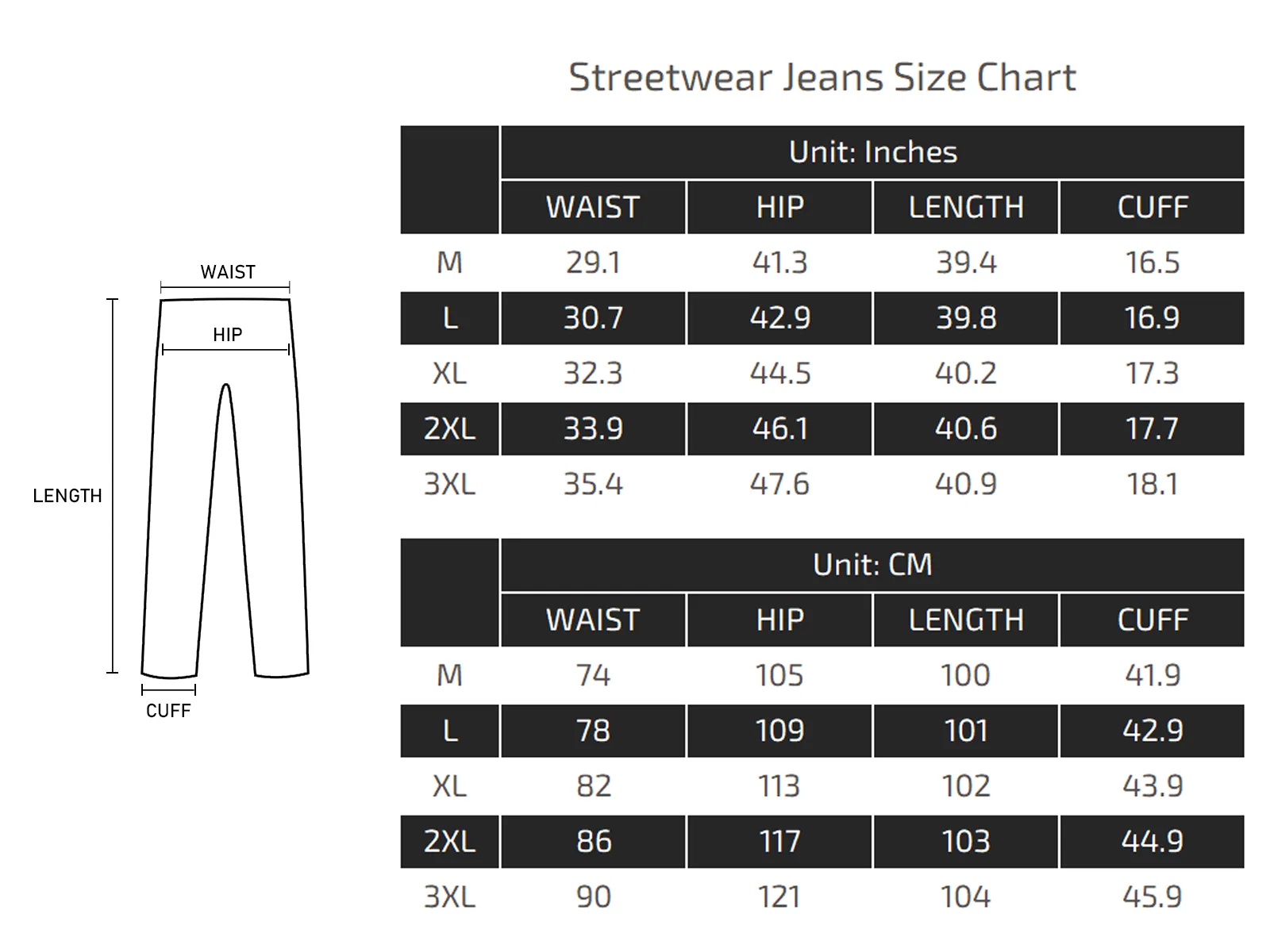 Streetwear Jeans Size Chart