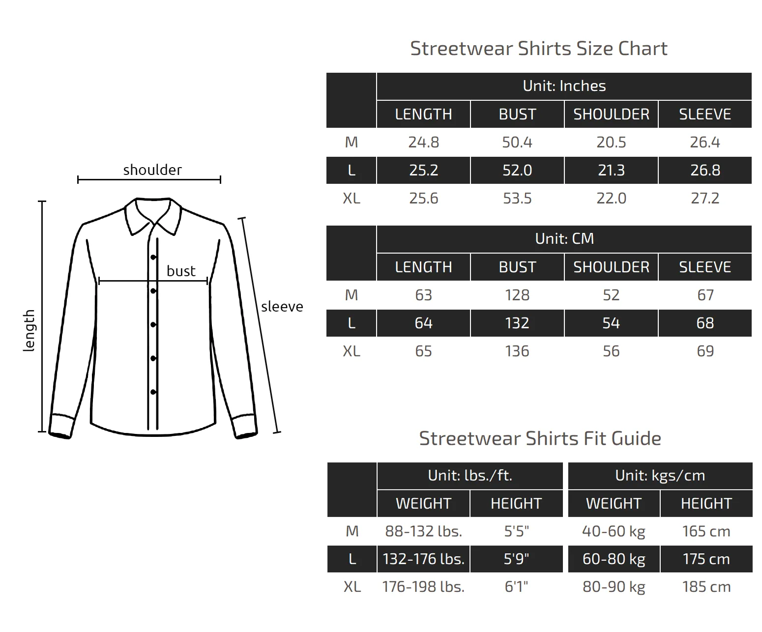 Streetwear Shirts Size Chart 001