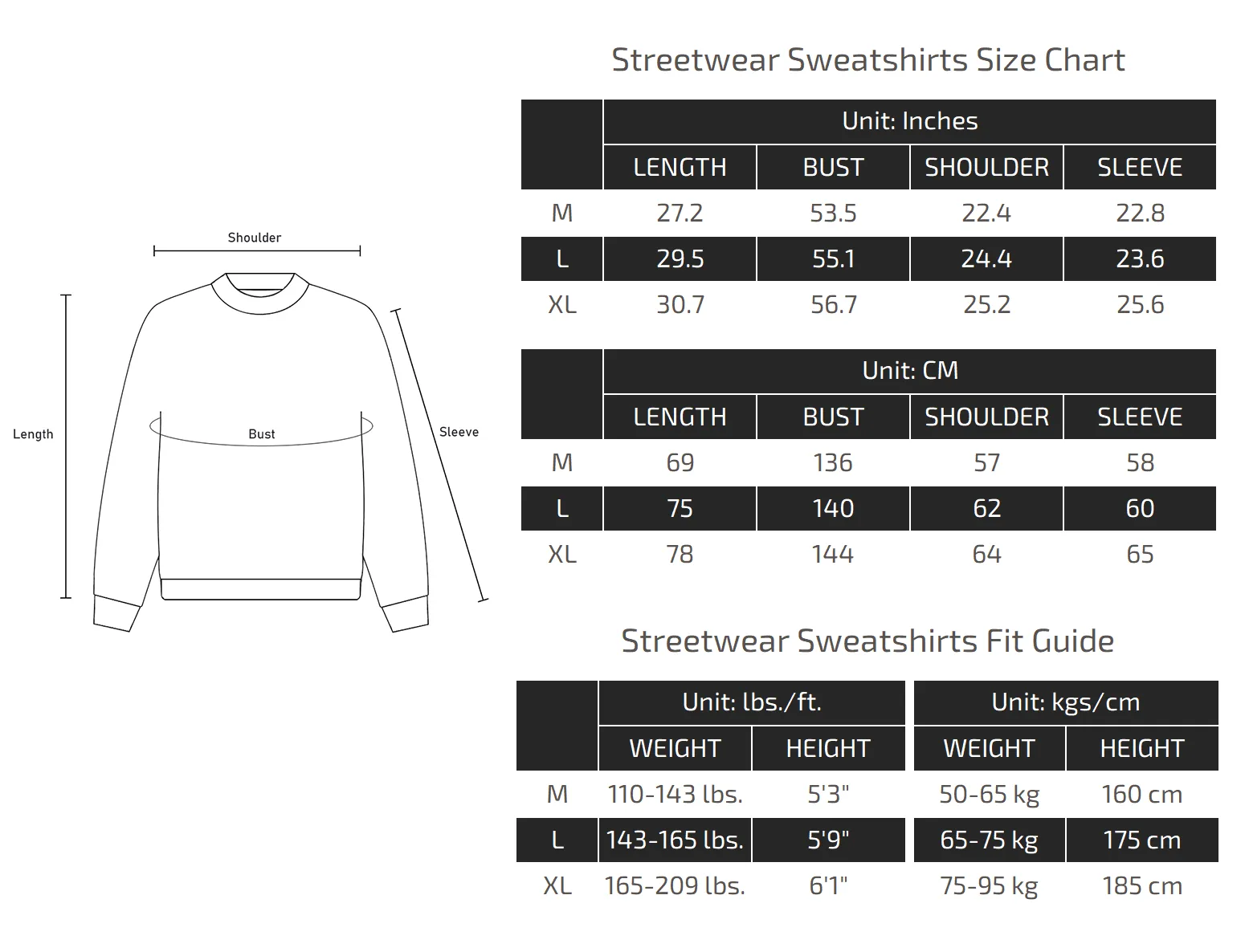 Streetwear Sweatshirts Size Chart